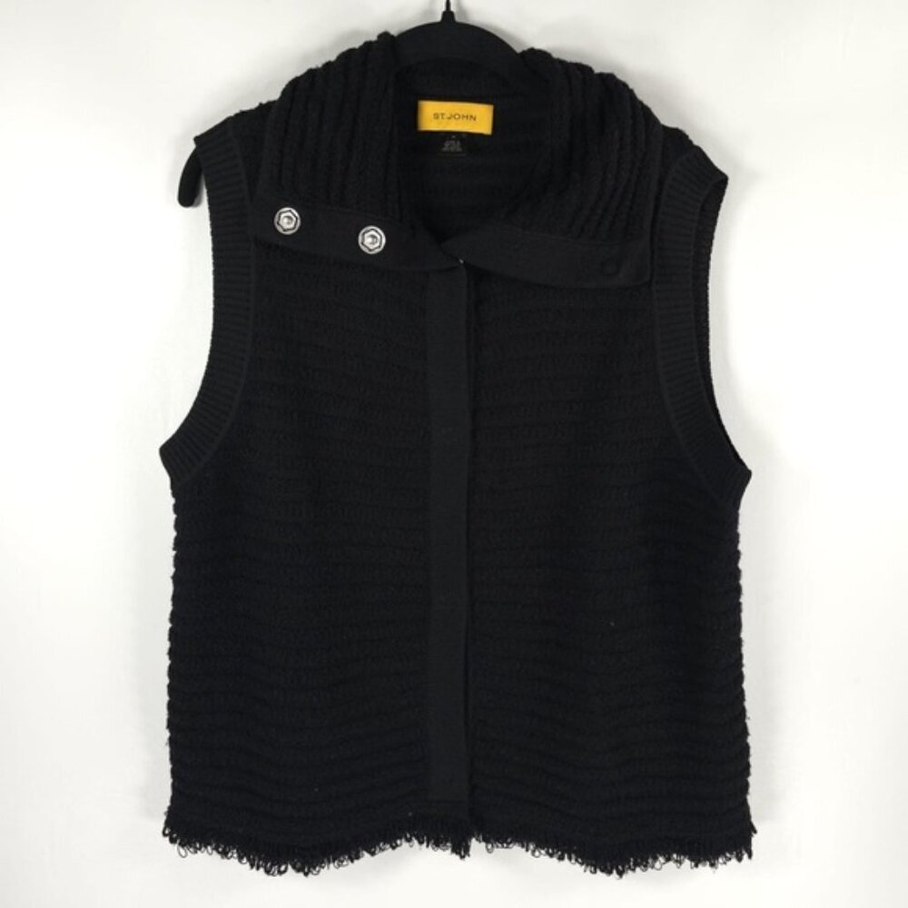ST. JOHN WOOL CASHMERE Blend Snap Closure Raw Hem Knit in USA 🇺🇸 Vest MEDIUM